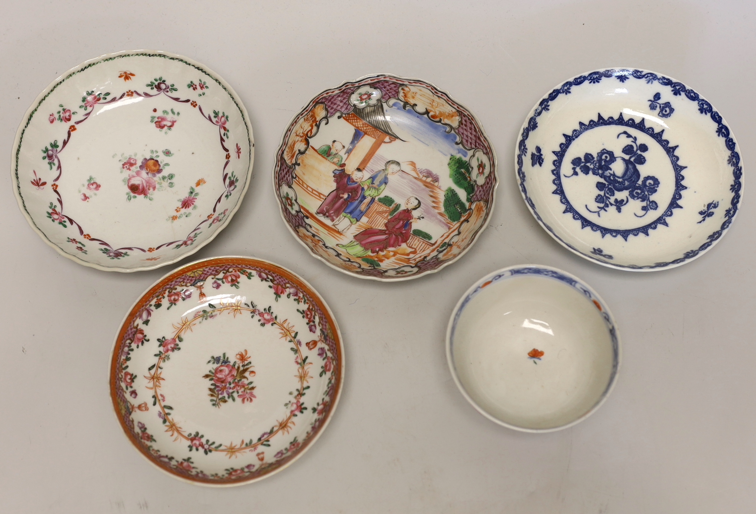 Three 18th century Chinese famille rose tea bowls and matching saucers, a Caughley teabowl and saucer and a single tea bowl and smaller tea bowl